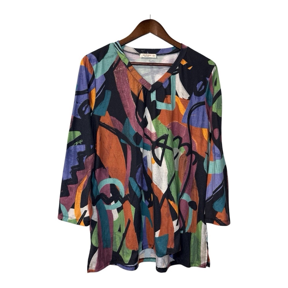 Jess and Jane Ponderosa blouse women's XL abstract artsy boho southwest stretch